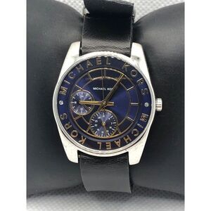 Michael Kors MK6195 Women's Black Leather Analog Blue Dial Quartz Watch LP351